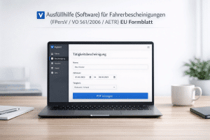Vigilant Tätigkeitsbescheinigung – Ausfüllhilfe (Software) für Fahrerbescheinigungen (§20 FPersV / VO 561/2006 / AETR / EU Formblatt) (1 Arbeitsplatz)