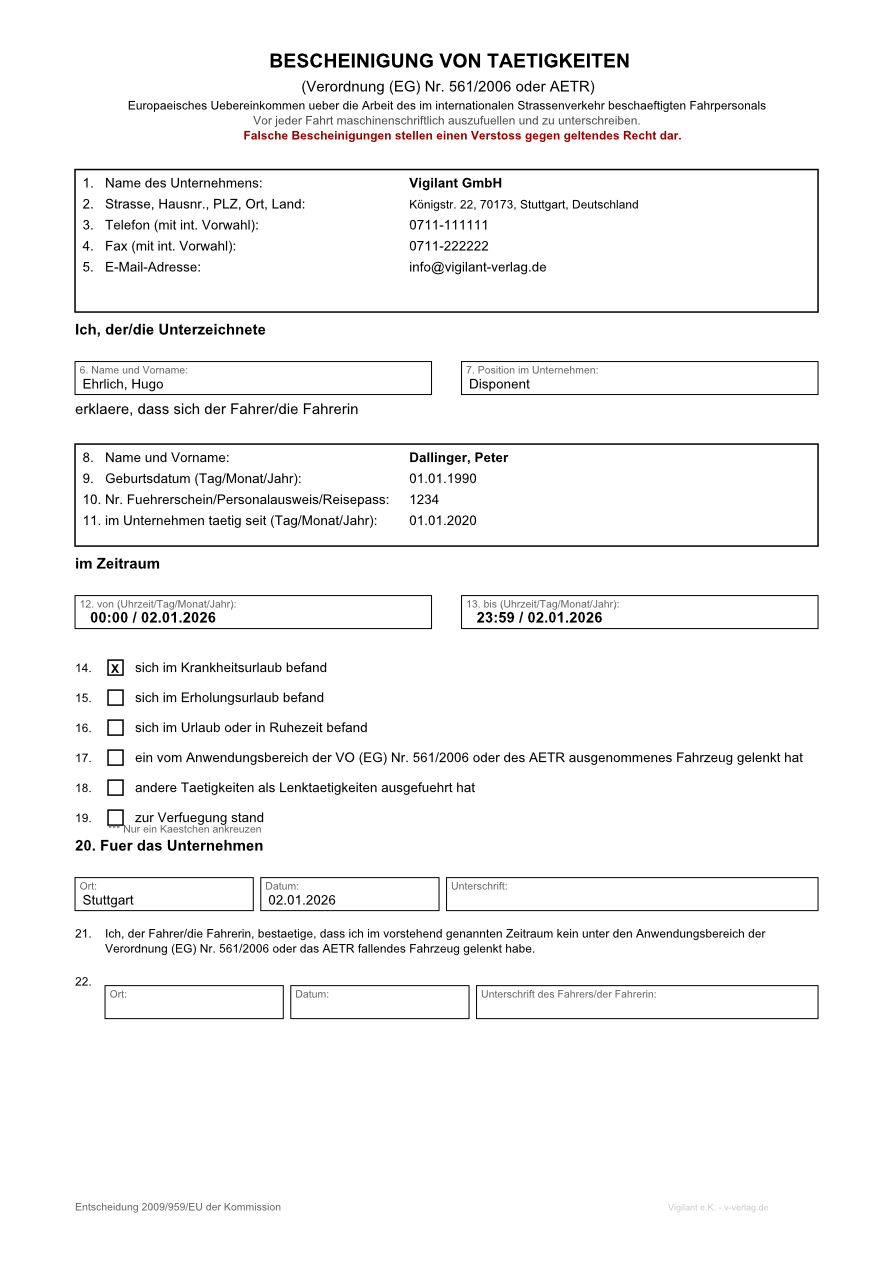 Vigilant Tätigkeitsbescheinigung – Ausfüllhilfe (Software) für Fahrerbescheinigungen (§20 FPersV / VO 561/2006 / AETR / EU Formblatt) (1 Arbeitsplatz) – Bild 5